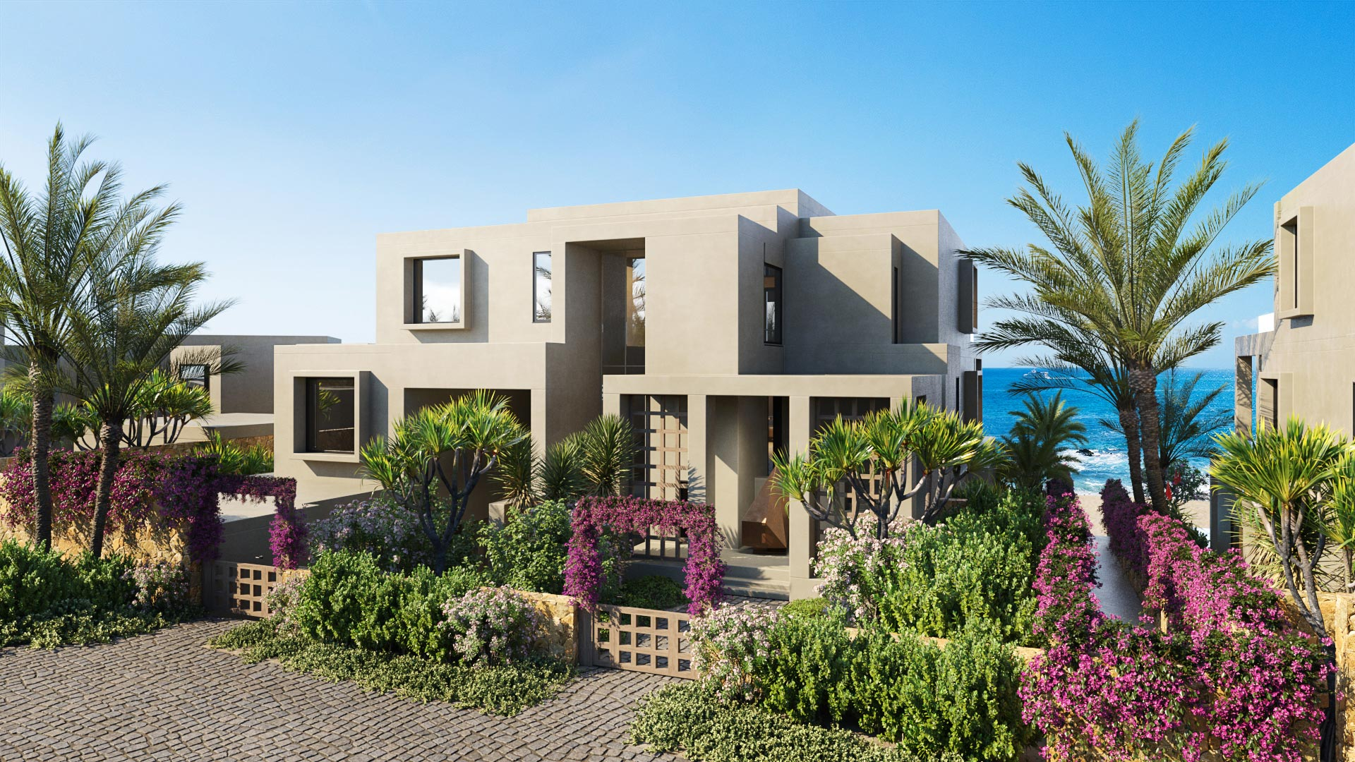 Architectural rendering of the Cove Club at sunset, Cabo San Lucas, Mexico